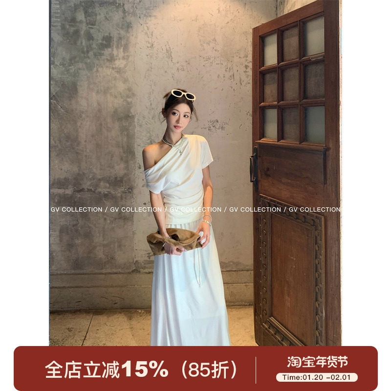 GV大白哥 淡人雅系 斜肩上衣抽绳半裙套装设计感女夏新款裙子,女装/女士精品,时尚套装,淘宝优惠券,粉丝福利购,淘宝优惠卷