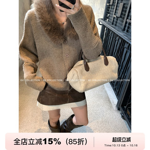 GV大白哥 绒绒奶霜 毛领拼接棒针针织毛衣开衫外套秋冬新款气质女
