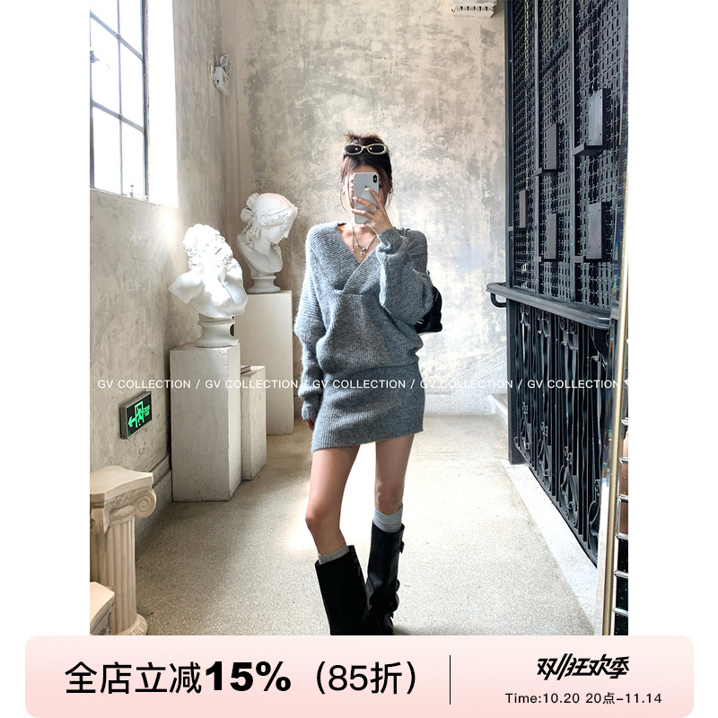 V领收腰含羊毛包臀连衣裙