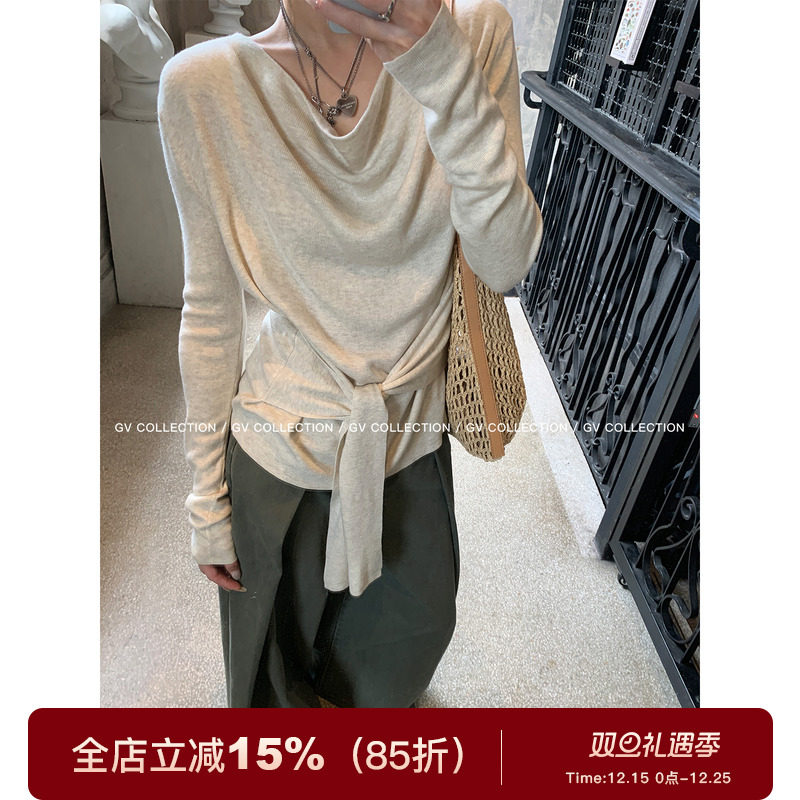 荡领松弛腰带收腰针织上衣