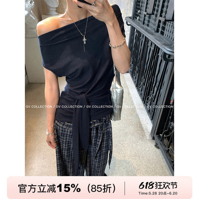 GV大白哥 Cozy品味 斜肩一字肩收腰打结T恤上衣收腰修身露肩小衫