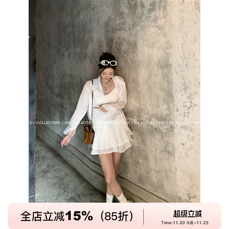 轻薄衬衫双层裙裤半身裙两件套