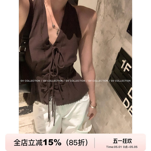 挂脖削肩立体抽绳露背背心