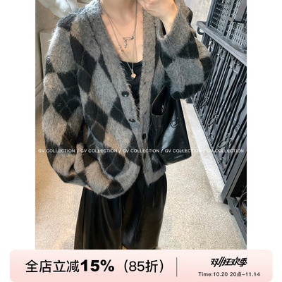 拉毛菱格V领毛衣上衣外套