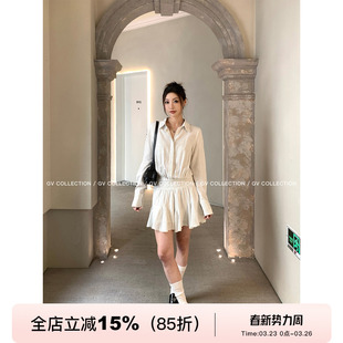 裙子女气质 polo领宽腰百褶连衣裙春夏新款 GV大白哥 miu系棉麻