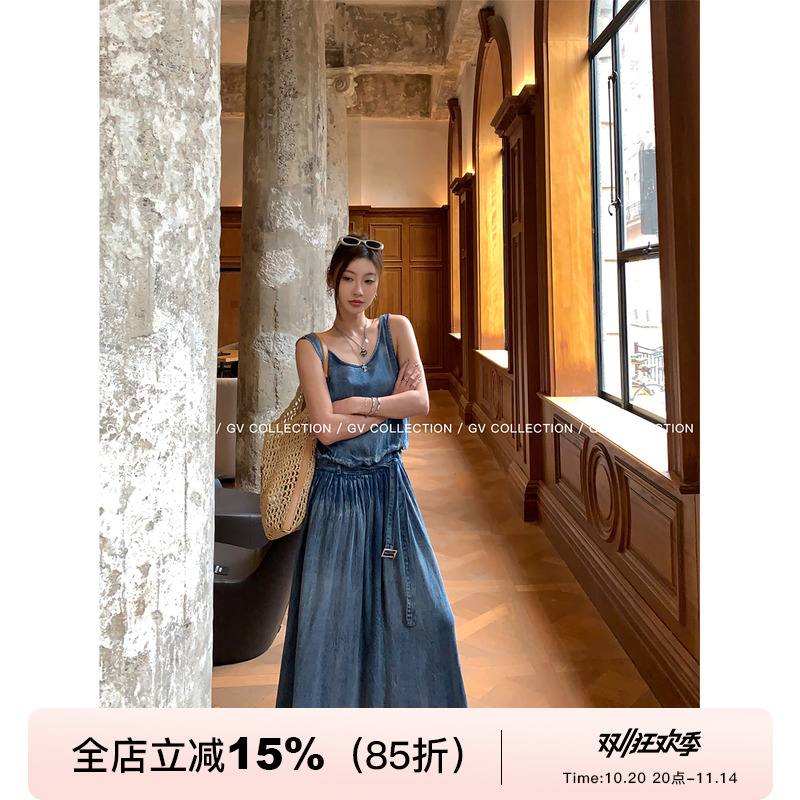 GV大白哥 中古加州 天丝牛仔棉带腰带背心连衣裙抽褶A字长裙女