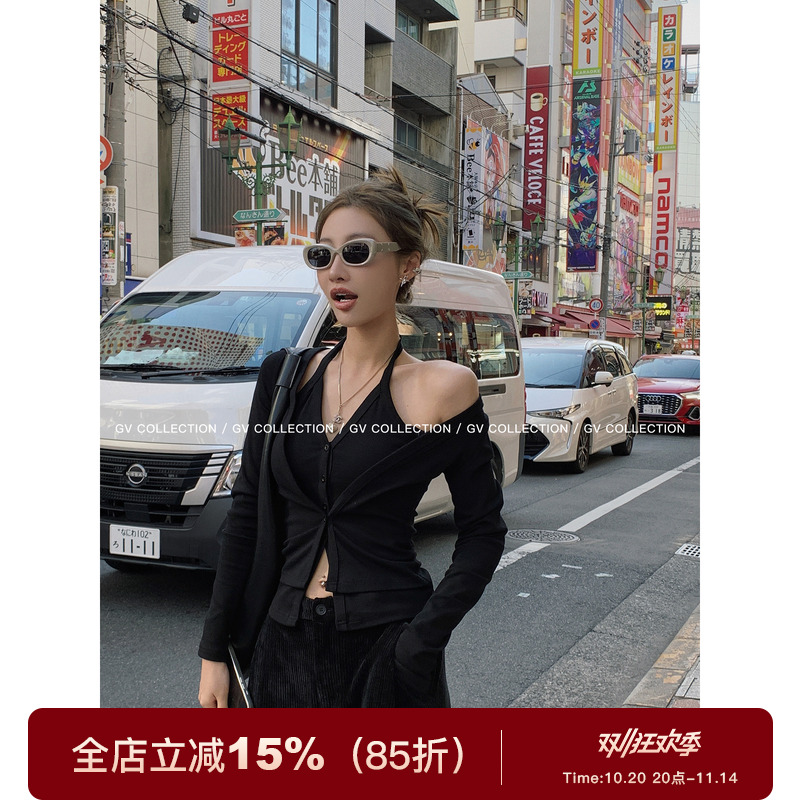 简约心机假两件挂脖上衣