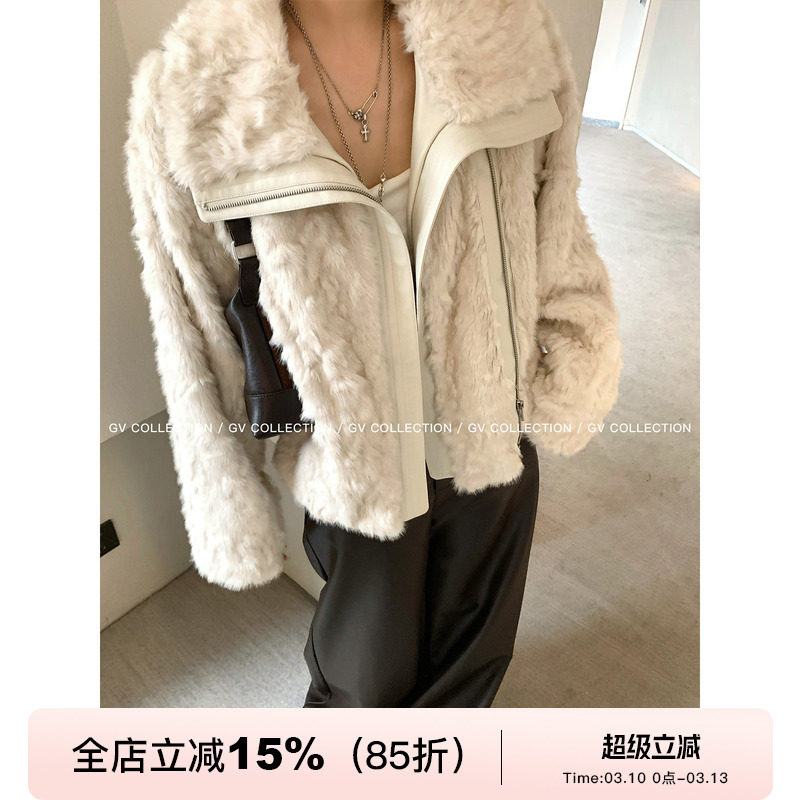 GV大白哥 东京买手 设计感环保毛拼皮翻领夹克外套冬季新款上衣女