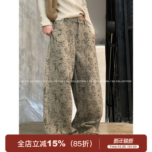 保暖裤 GV大白哥 冬季 复古印花加绒加厚阔腿牛仔裤 子女 重工VTG