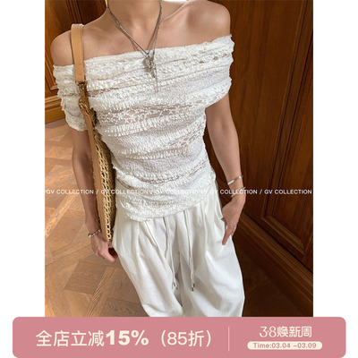 GV大白哥 层层质感 一字肩蕾丝蛋糕短袖上衣收腰显瘦休闲小衫女夏