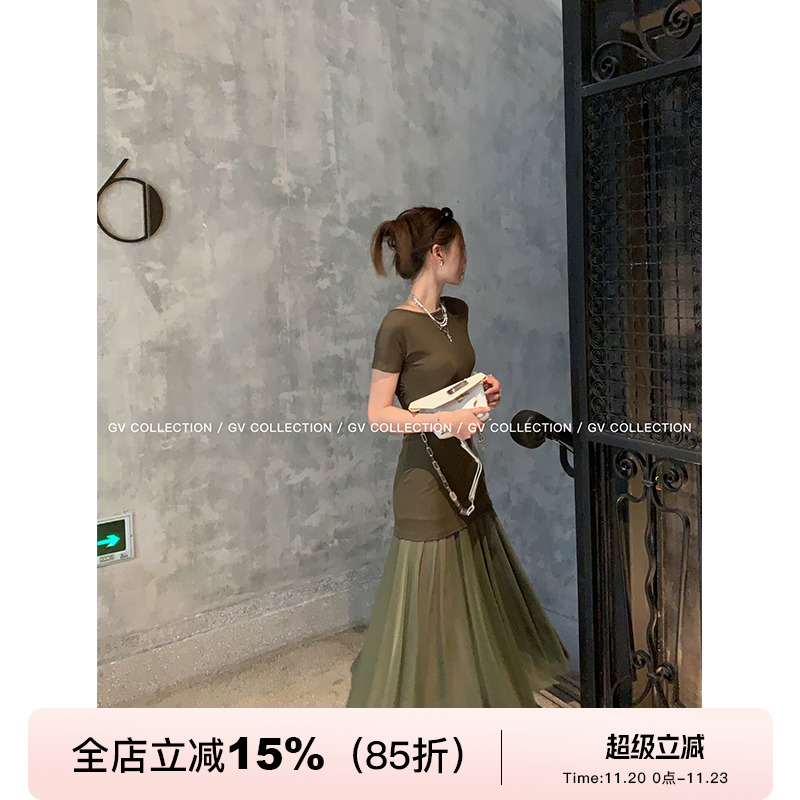 GV大白哥 jennie灵感 天丝网纱拼接短袖连衣裙亲肤舒适修身长裙女