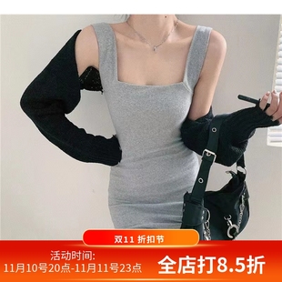 外贸方领露锁骨无袖 吊带背心裙 背心裙女ins风性感修身 显瘦薄款