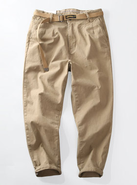 米西小铺余文乐日系卡其布复古水洗微弹做旧卡扣宽松九分微锥男裤