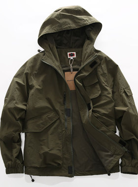 米西春秋户外机能复古日系薄款锦纶防风速干双层宽松连帽风衣外套