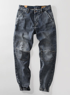 米西小铺原色砂洗立体分割裁剪双色水洗牛仔微弹休闲百搭束脚男裤