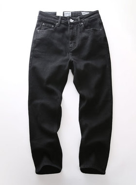 米西小铺秋冬款单纯黑色粗纹洗水牛仔裤休闲潮男小直筒长裤