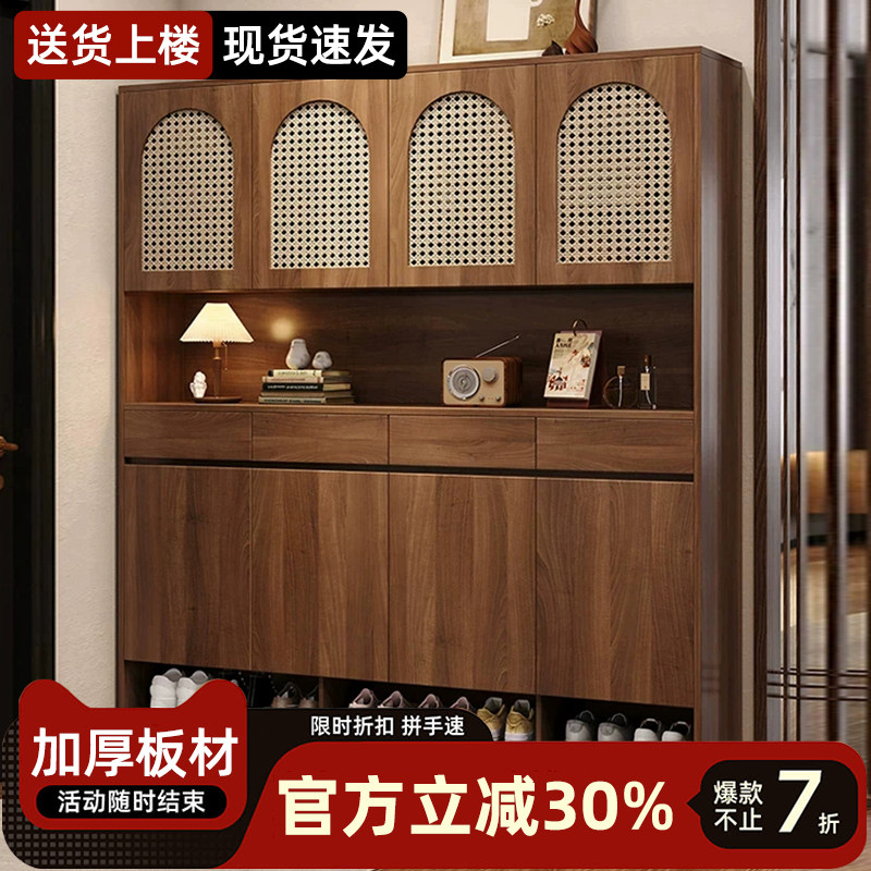 中古风入户鞋柜藤编储物玄关柜门厅靠墙一体组合柜大容量收纳柜子