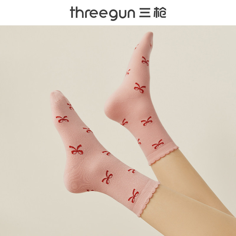 三枪袜子女中筒袜3A抑菌春秋季可爱蝴蝶结女士无骨棉袜秋冬长筒袜