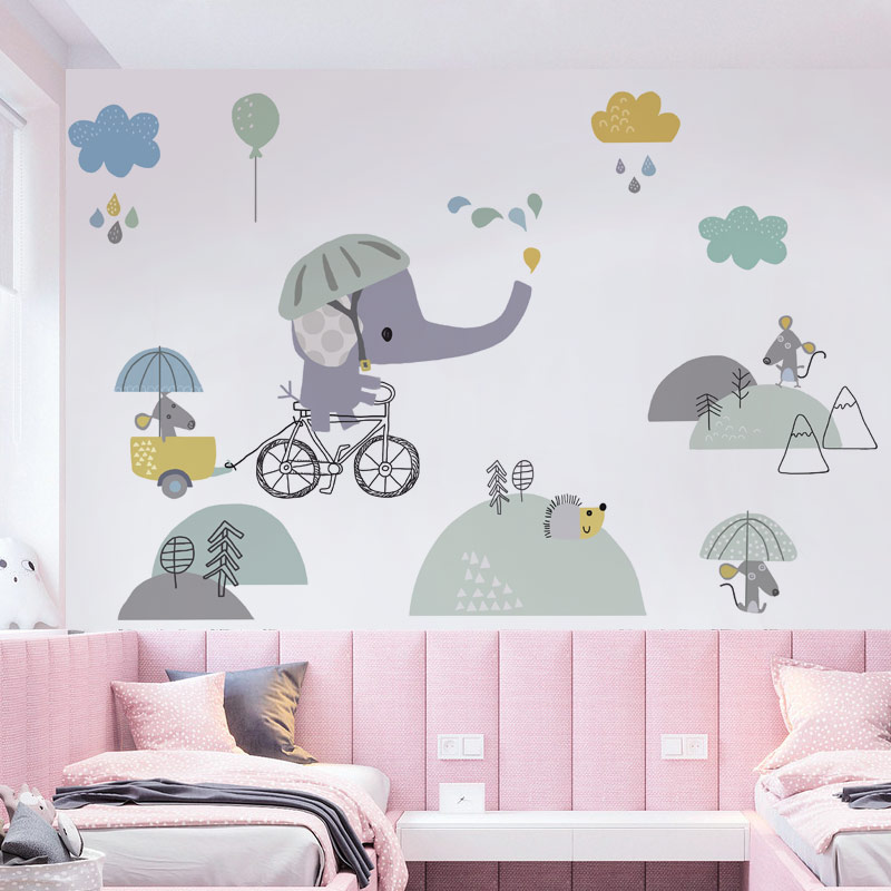 儿童房壁纸卧室自粘墙纸床头卡通墙贴装饰创意个性动物背景墙贴画图片