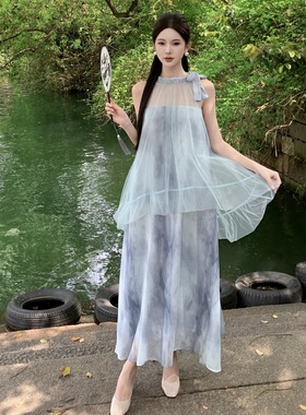 度假风蓝色网纱连衣裙女夏无袖挂脖假两件仙女长裙