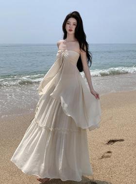 法式复古浪漫氛围感超仙海边度假抹胸挂脖吊带套装裙大摆飘逸长裙