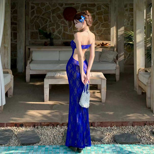 宝蓝色度假风连衣裙女修身吊带露背鱼尾包臀生日礼服长裙