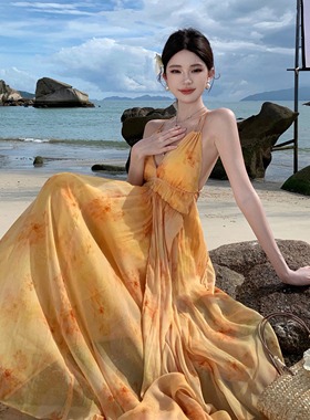 法式复古油画晕染v领吊带连衣裙女夏海边度假长裙温柔气质仙女裙