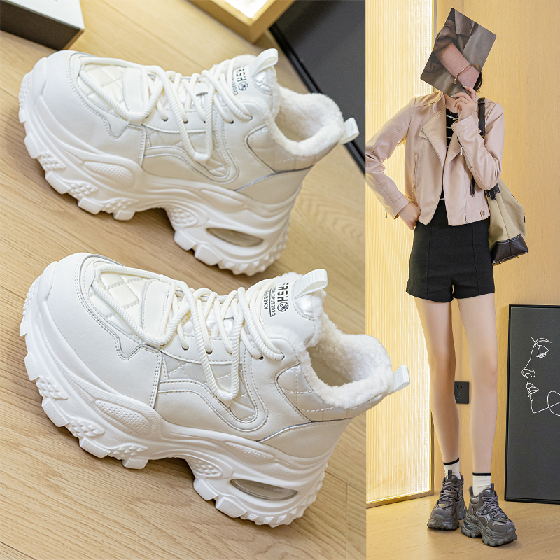 真皮厚底老爹鞋女加绒高帮休闲鞋