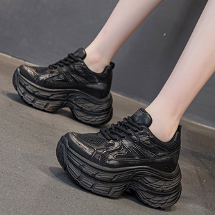 厚底小个子透气休闲运动鞋 女增高10cm秋季 黑色炸街老爹鞋 真皮爆款