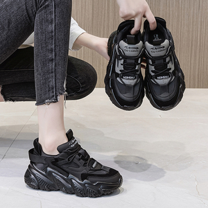 真皮老爹鞋女ins潮春秋新款百搭厚底运动鞋加绒黑色松糕休闲单鞋