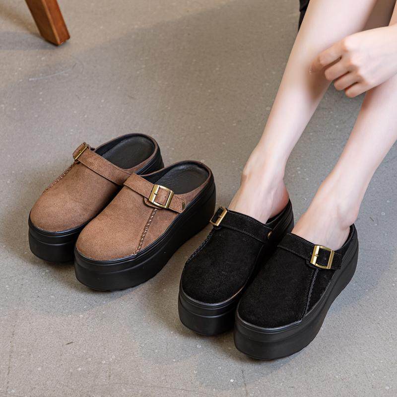 真皮厚底包头半拖鞋女外穿2025春季新款搭扣松糕鞋增高8cm勃肯鞋