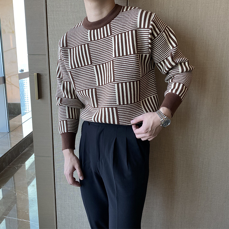 摩摹休闲圆领提花针织毛衣