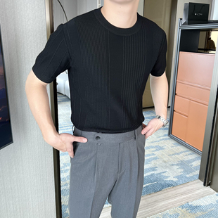 新款 男韩版 夏季 2025短袖 T恤男 休闲坑条修身 圆领冰丝体恤纯色半袖