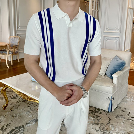 夏季POLO衫男士休闲翻领修身冰丝针织半袖潮流条纹撞色保罗短袖男