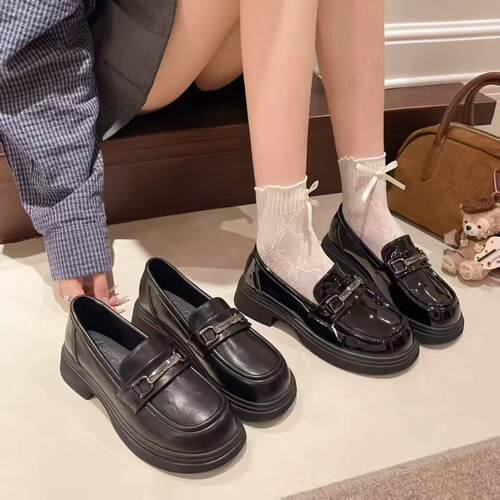 黑色圆头厚底乐福鞋女2026春季新款粗跟复古英伦风一脚蹬小皮鞋单