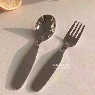 ins风百搭宝宝用餐具西餐意面 304不锈钢胖嘟嘟手柄勺叉组合套装