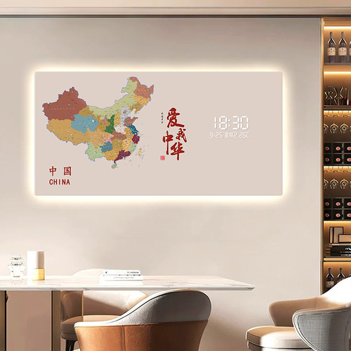 简约风客餐厅装饰画万年历挂钟灯光时钟led插电地图数显电子钟表