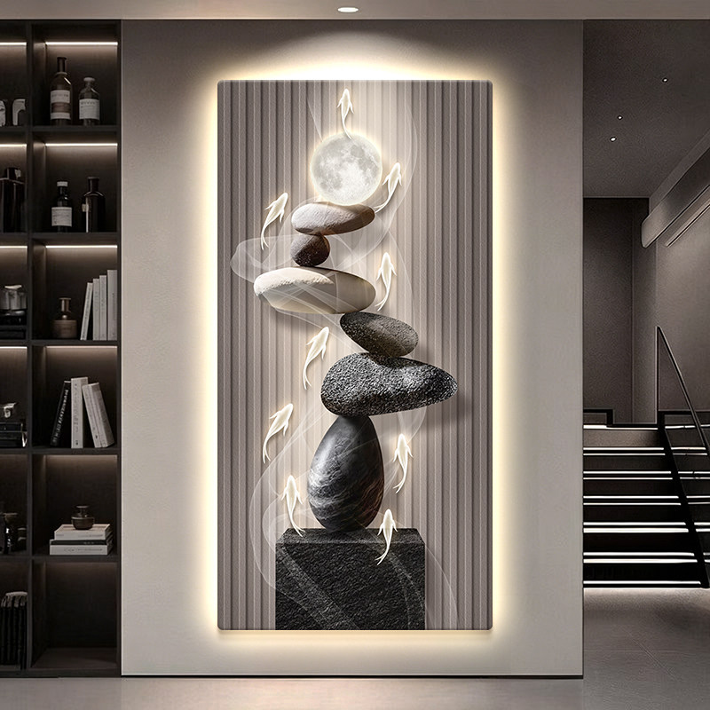 轻奢九鱼图玄关装饰画高级感led灯入户正对门墙壁画时来运转挂画