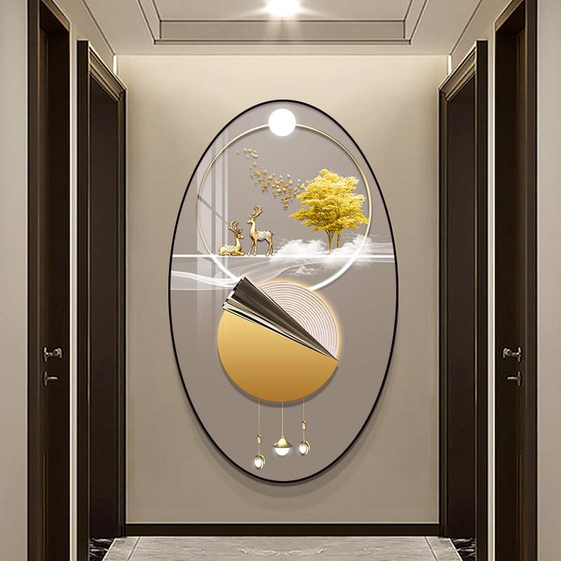 椭圆形玄关装饰画 画现代轻奢创意走廊过道挂画 画高级感客厅背景图片