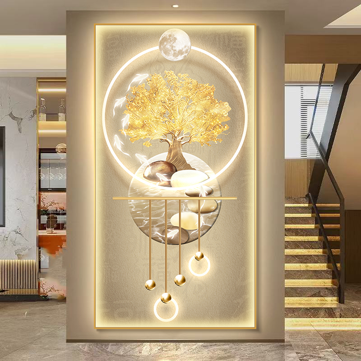 现代简约发财树玄关装饰画走廊过道挂画高级感正对门带LED灯壁画