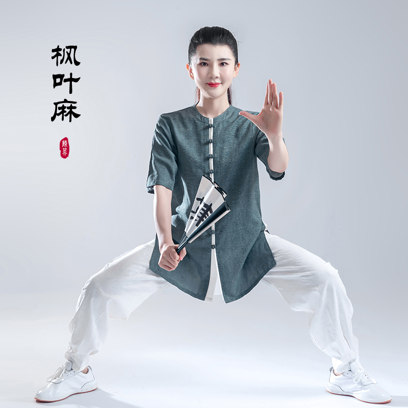 亚麻太极服2025夏季无领短袖