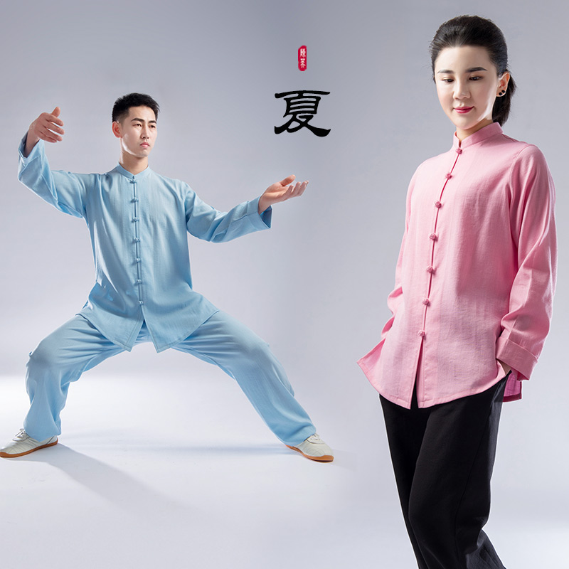 3太极服练功服夏季男女棉麻短袖中国风【低领】武术太极拳表演服装