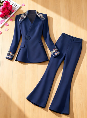 25316-春款高级感肩部刺绣国风西服套装春秋设计感气质