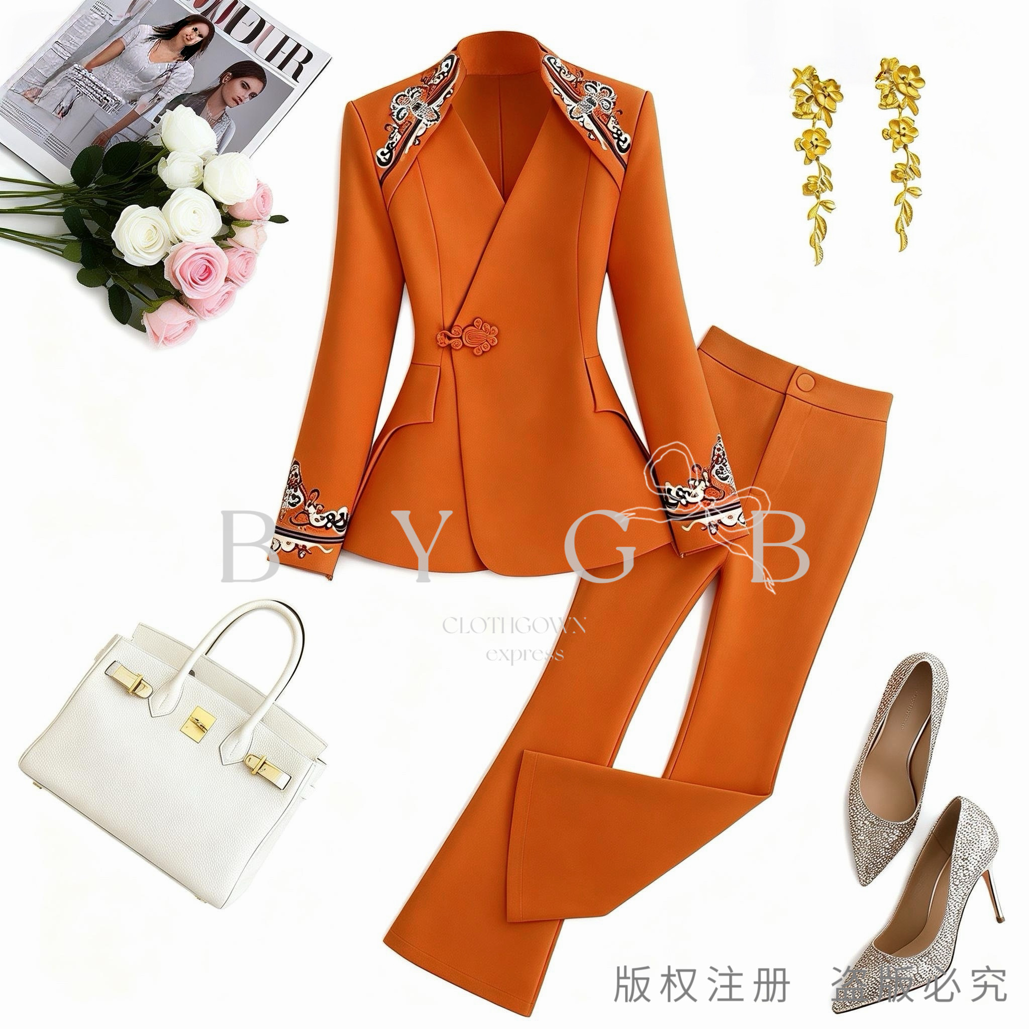 25316-春款高级感肩部刺绣国风西服套装春秋设计感气质