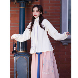 【罗扇流萤】笙弦纪汉服日常绣花明制竖领对襟窄袖短衫一片式褶裙