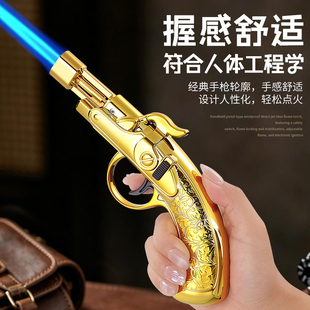 网红新款复古枪型蓝焰充气打火机防风户外多功能雕花点火器高颜值