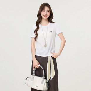 小白正肩圆领慵懒风字母上衣 纯棉2026夏新款 短袖 t恤女宽松韩版