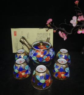 日本进口 有田烧山茶花青花24k金描绘 名家江口天童手作茶具套