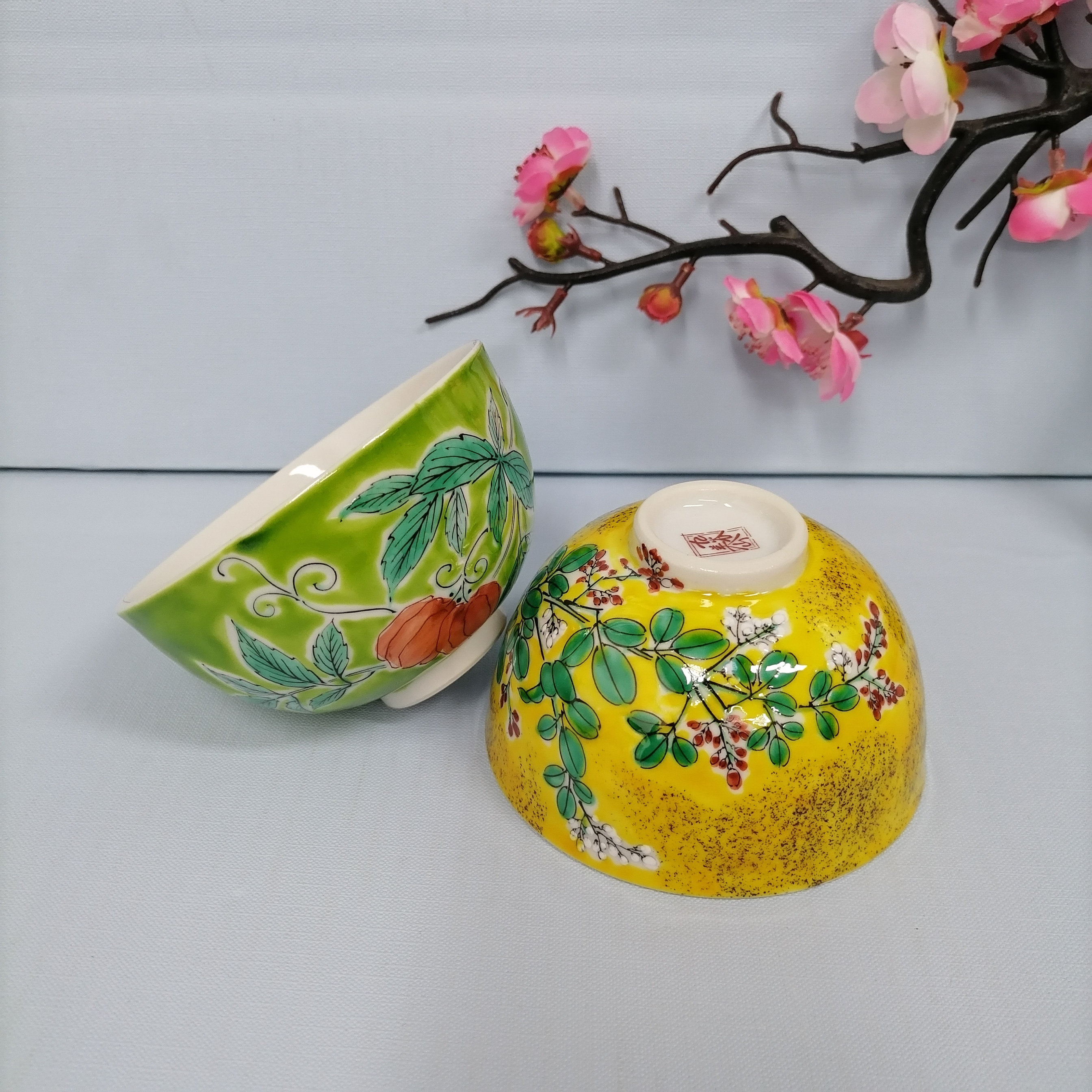 日本原装进口 九谷烧陶瓷米饭手绘交趾釉 吉田屋风家用碗