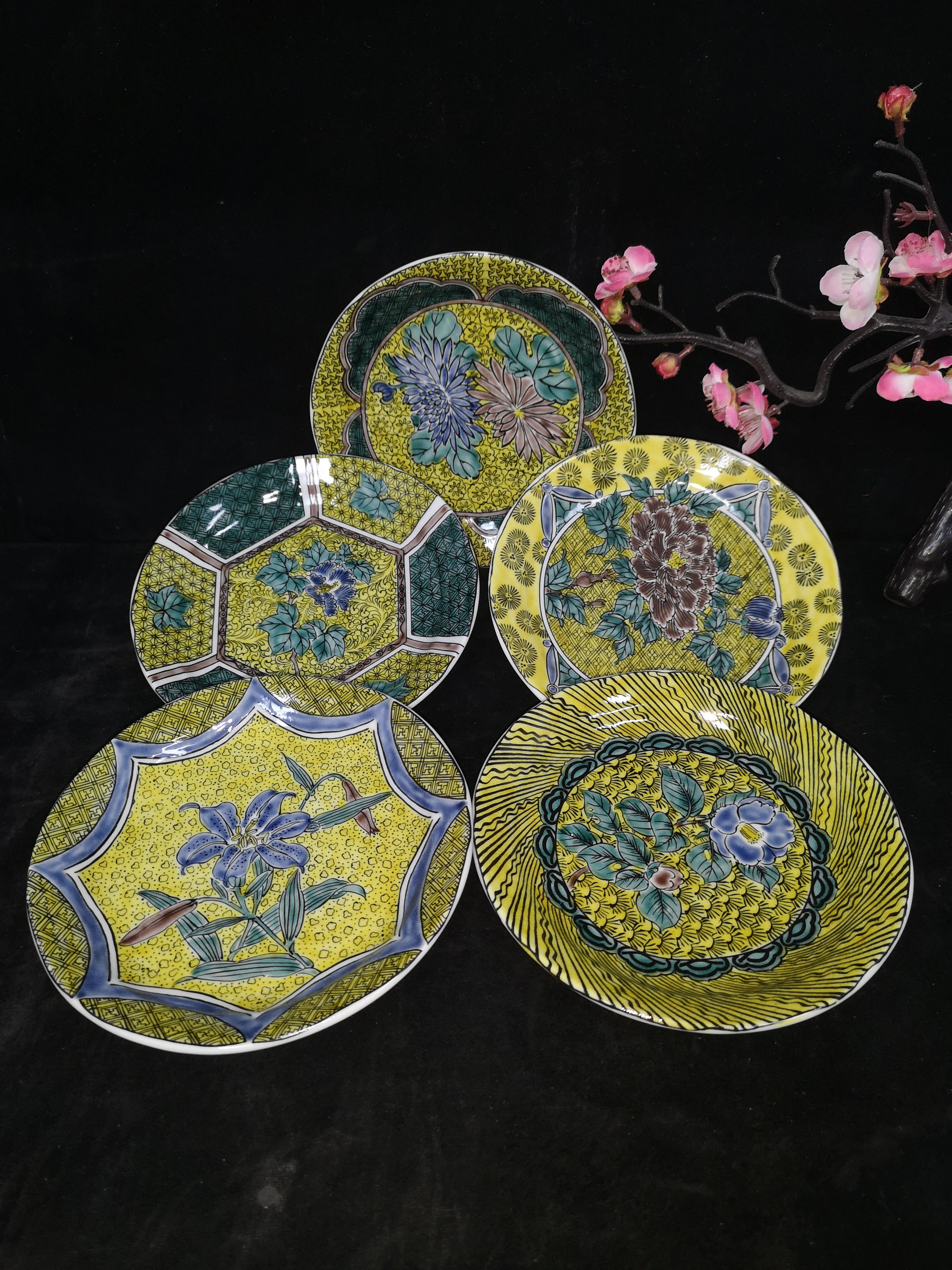 日本进口 九谷烧 手绘吉田屋絵变交趾釉  日式陶瓷餐具家用小盘